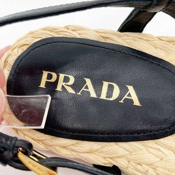 NWOB Prada Black Leather Triangle Logo Plaque Raffia Strappy Flat Sandal IT 39 - Picture 7 of 11